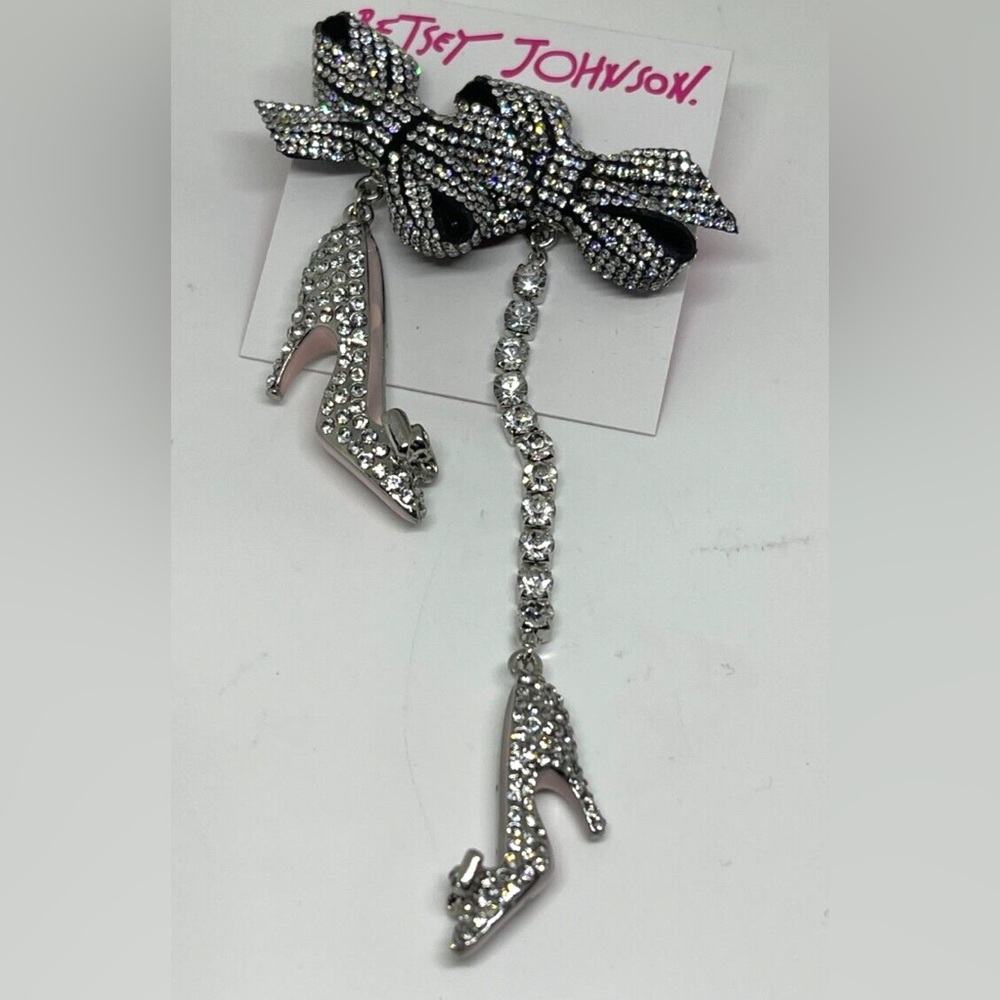 New Betsey Johnson BETSEYS HOLIDAY MISMATCH Crystal High Heels Bow EARRINGS NWT - Picture 9 of 16